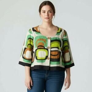 Monroe & Main Womens 2X Linen Blend Button Front Top Abstract Short Sleeve